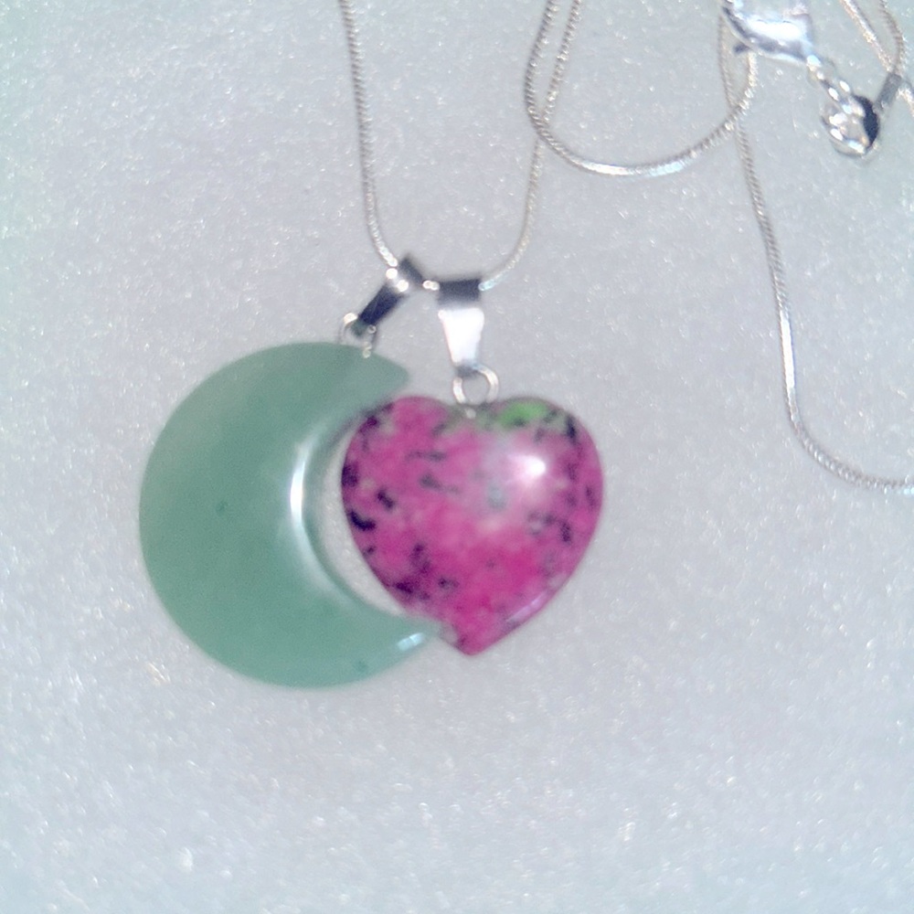 Boho hippie Jade Moon 🌙 and Ruby in Zoisite heart ❤️ Sterling Silver Neckl…